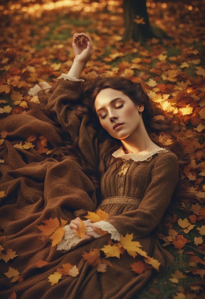 Medieval Lady in Autumn Leaves, Cinematic Still