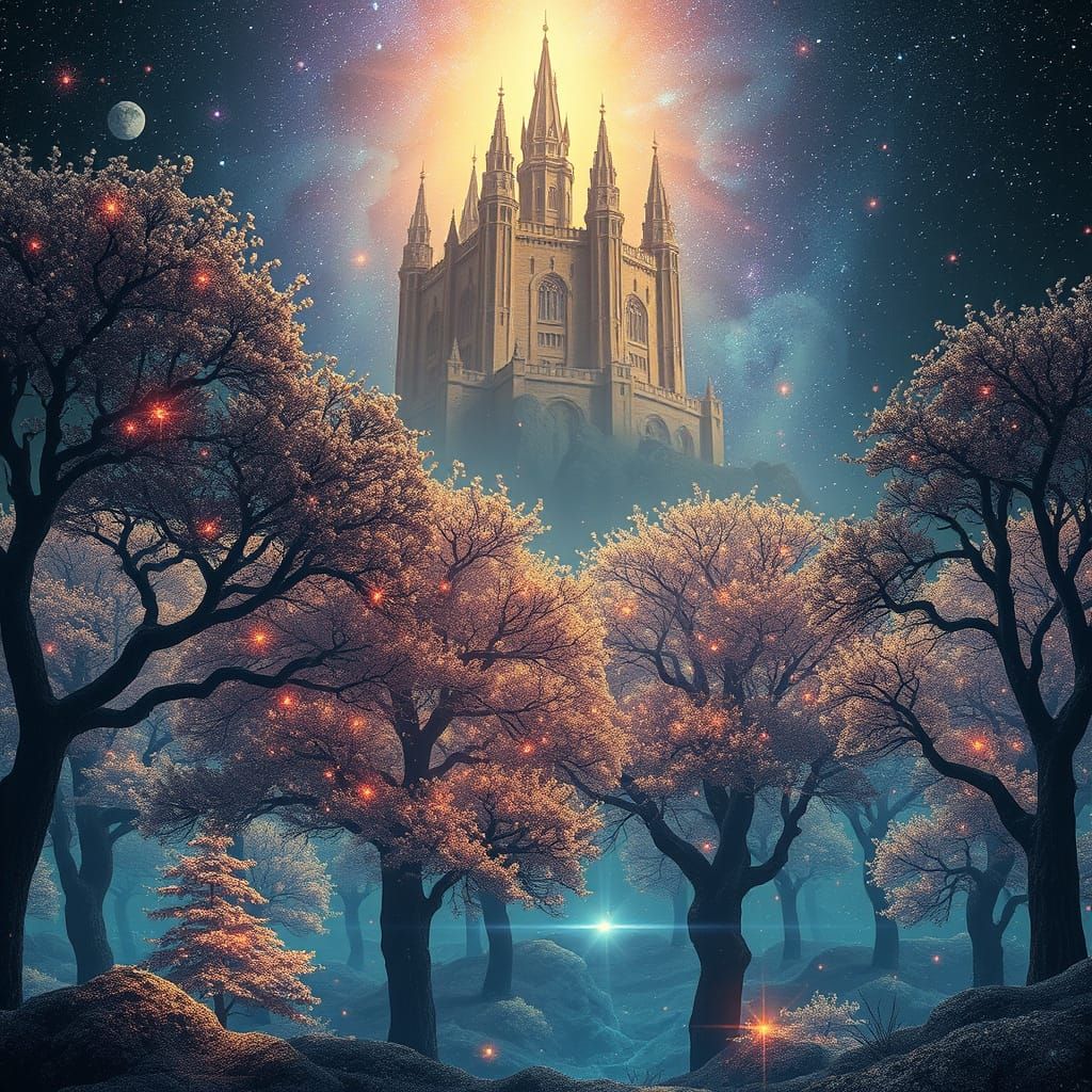 Cosmic Stardust Forest with Castle in the Sky
