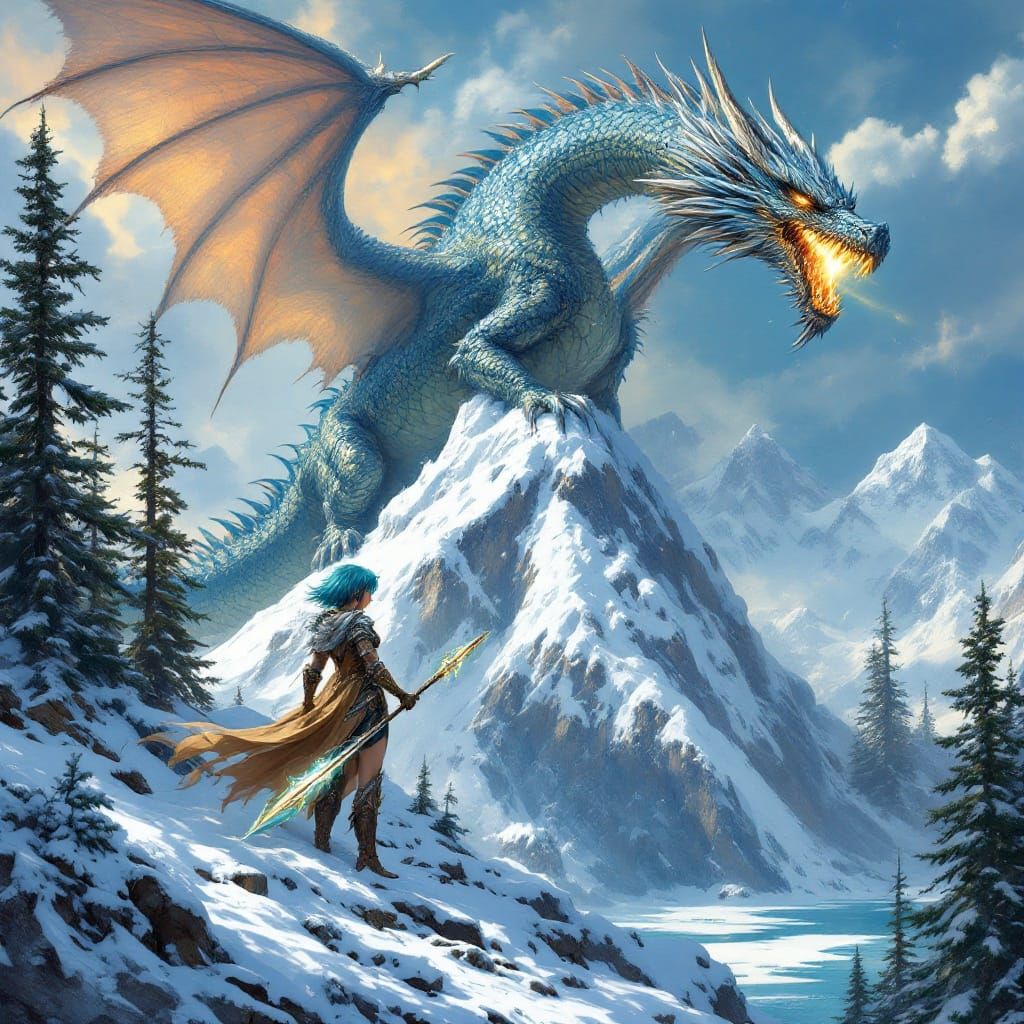 Epic Dragon and Warrior in Snowy Wilderness