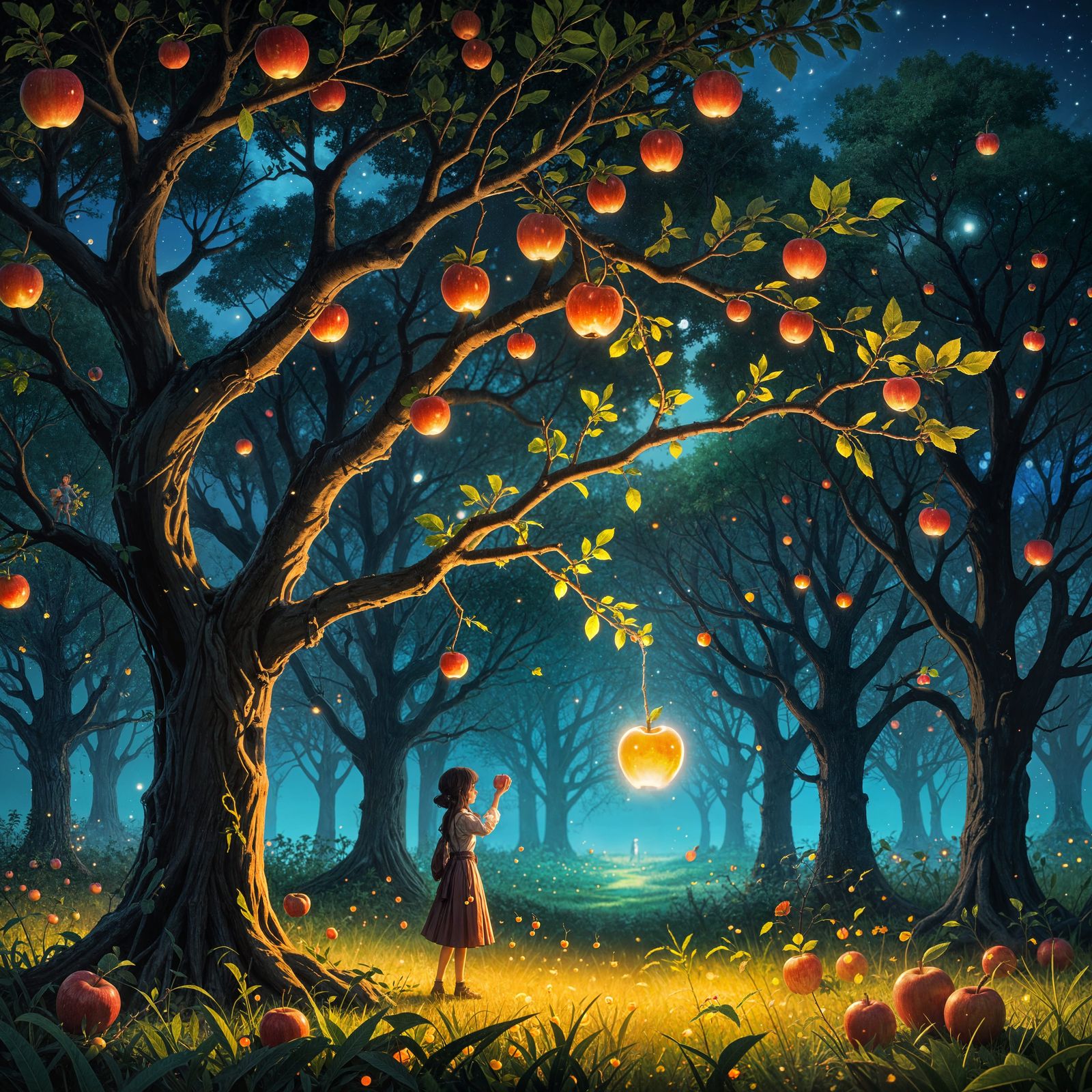 Enchanted Orchard at Dusk with Glowing Apples