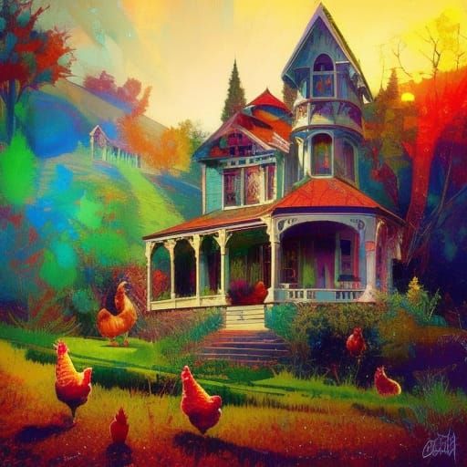 Victorian Farmhouse with Animals, Colorful Art