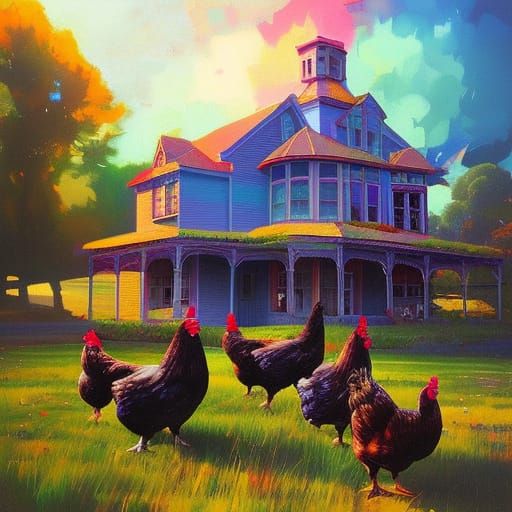 Victorian Farmhouse with Animals, Landscape Painting