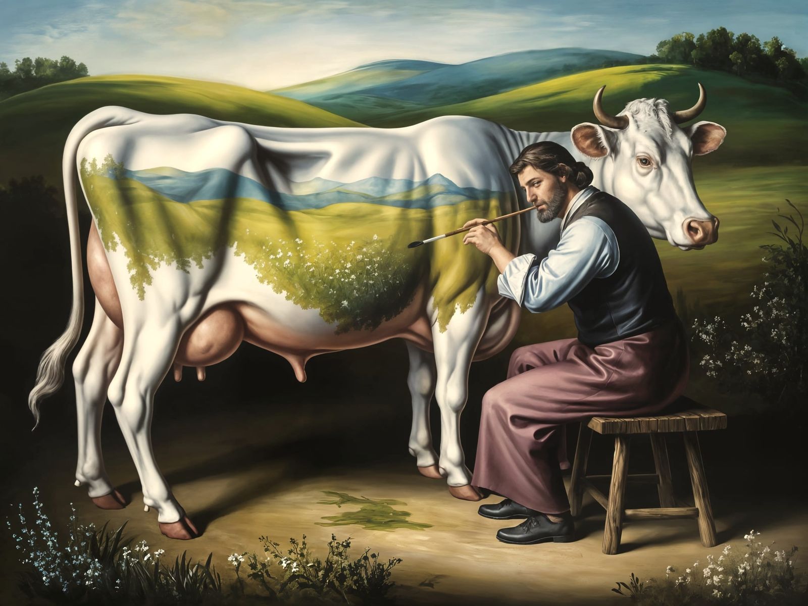 Baroque Artist Sketches Serene Countryside on a Gentle Cow