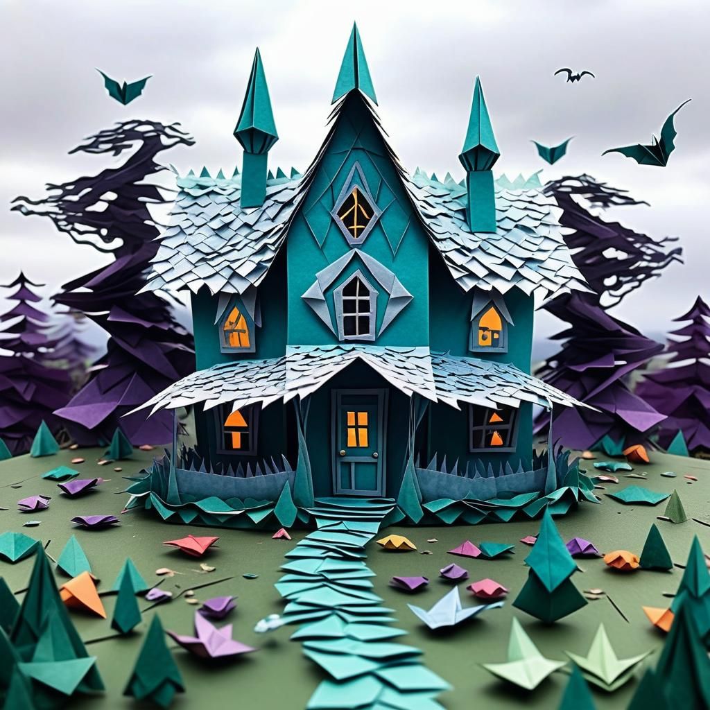 Origami Cottagecore Landscape in Tim Burton Style