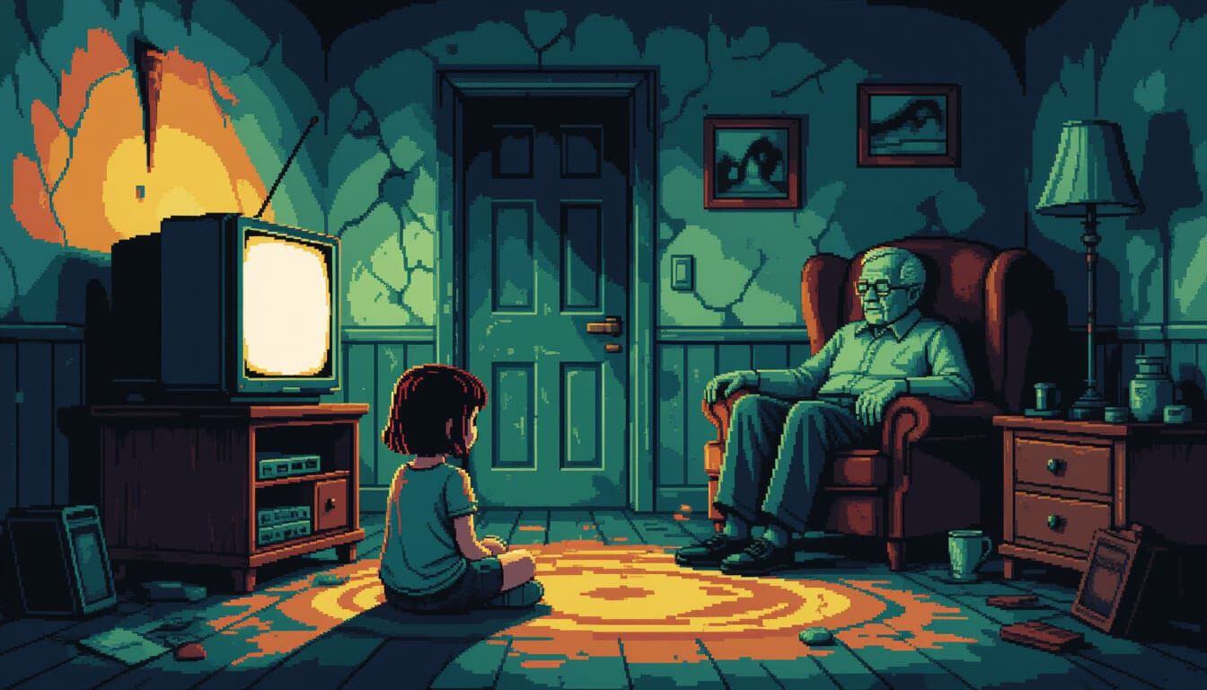 8-Bit Pixel Art of Girl Watching Static TV in Horror Scene