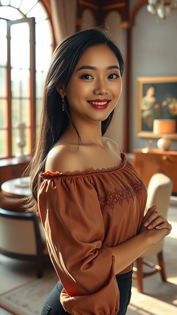 Elegant Asian Woman in Luxurious Living Room