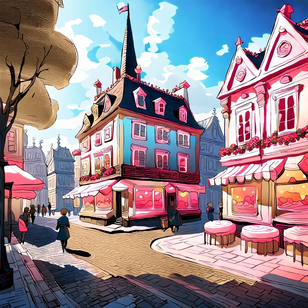 Cake House in City Street: Digital Matte Painting