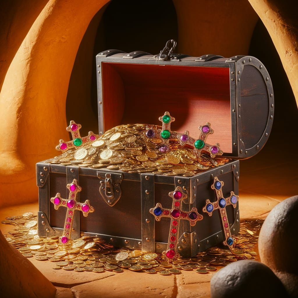 Treasure Chest Overflowing with Gold Coins and Crosses