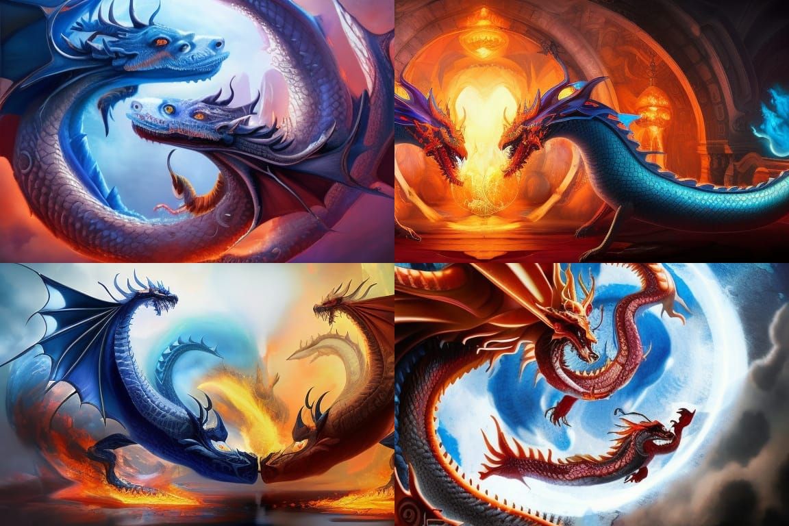 Fire and Ice Yin Yang Dragons in Fantasycore Style