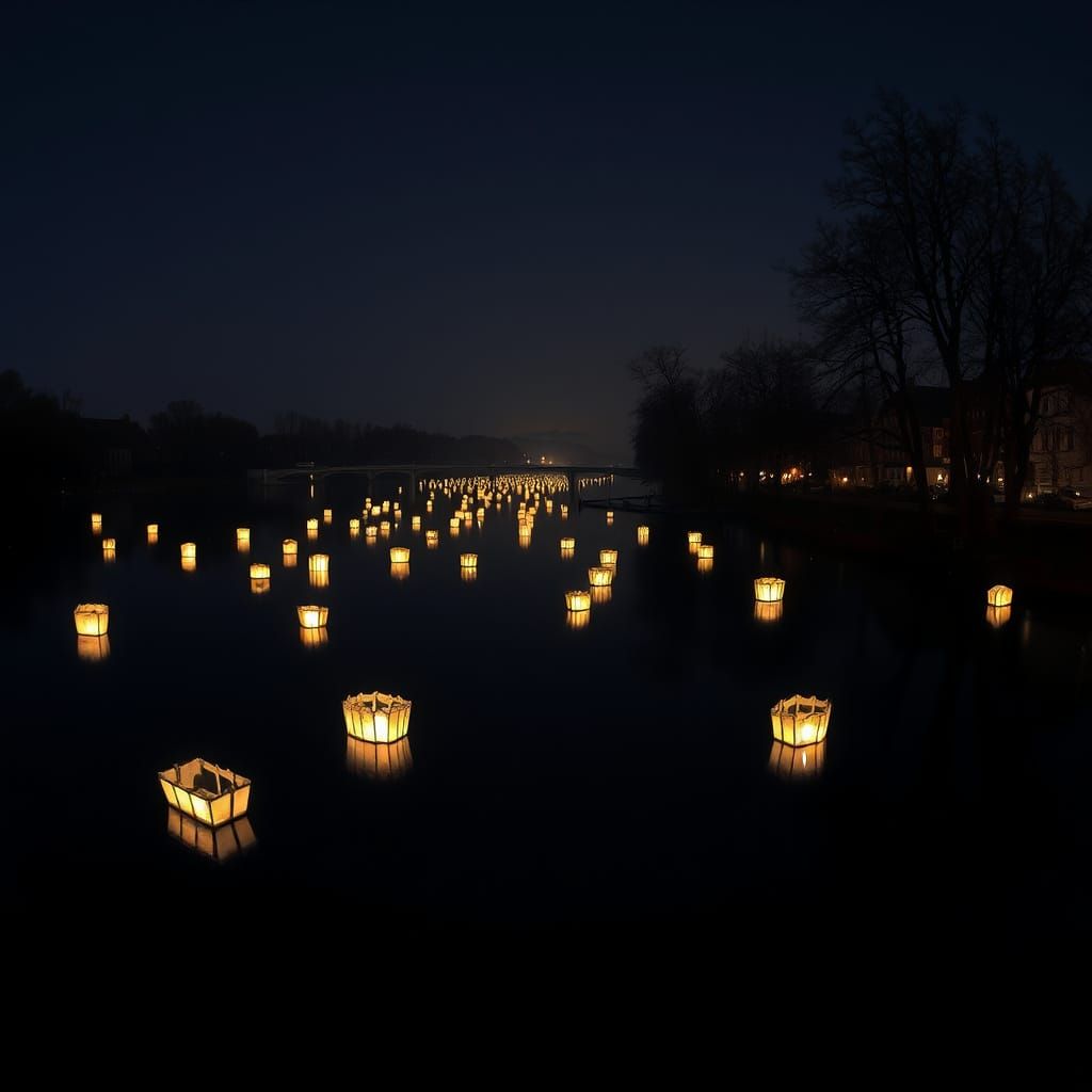 Floating Lanterns on River at Night: Photorealistic