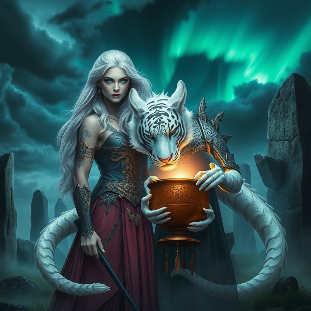 Celtic Warrior Princess with Tiger-Dragon in Fantasy World