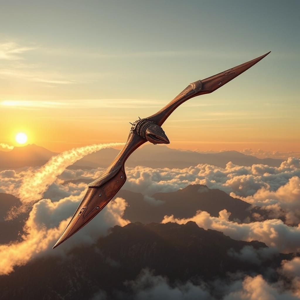 Steampunk Pterodactyl Soaring Through Sunset Sky