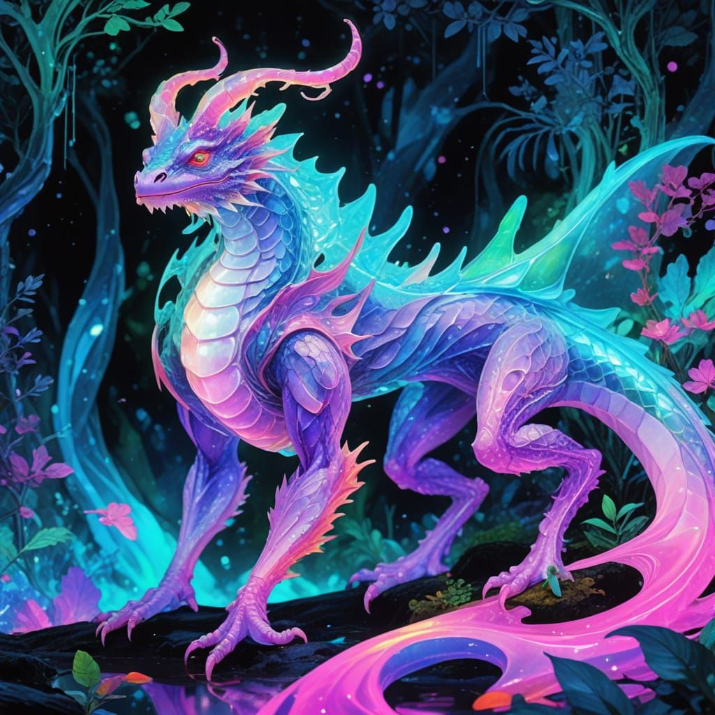 Whimsical Crystal Dragon in Bioluminescent Forest