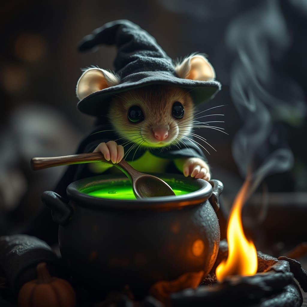 Mouse Witch Stirring Potion in Fantasy Art Style