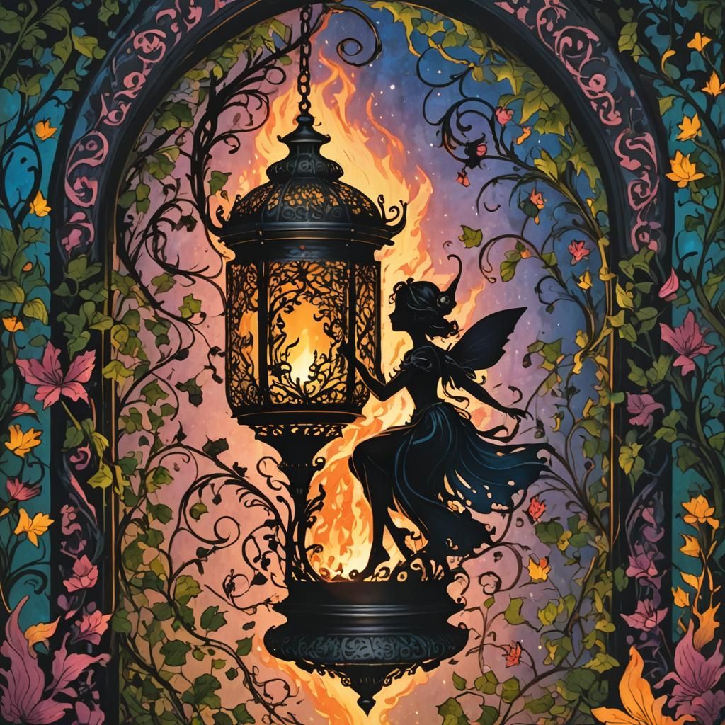 Fairy Silhouette Dancing in Ornate Lantern