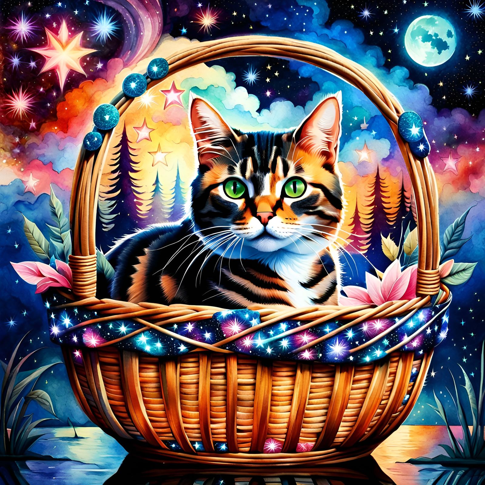 Surreal Starry Night Cat in Watercolor Style
