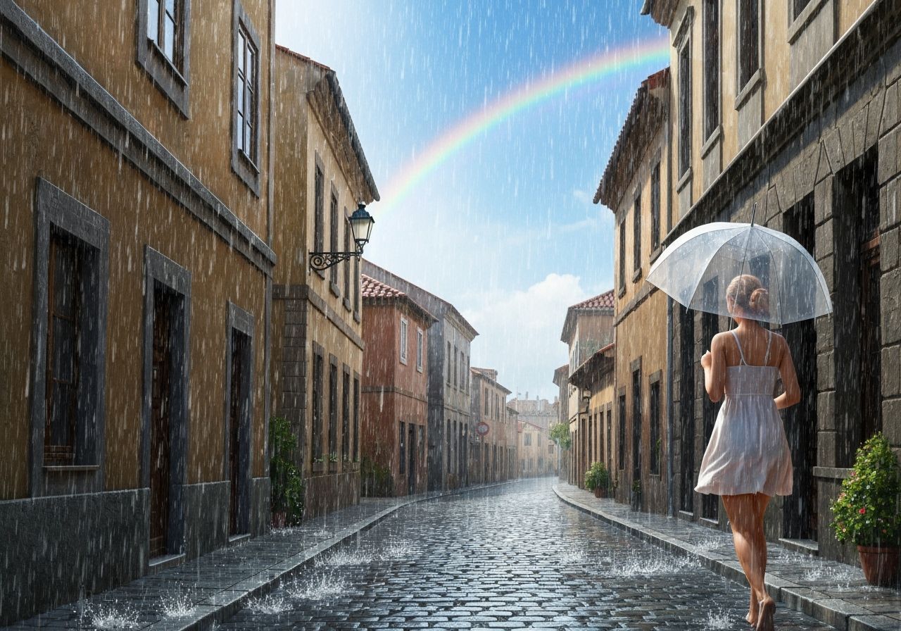 Summer Rain on Cobblestone Street in Europe