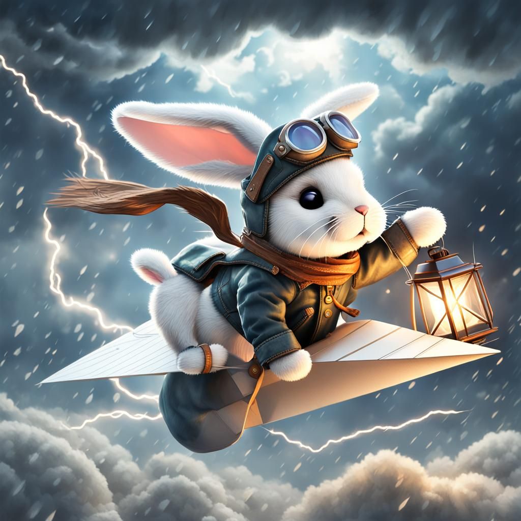 Bunny Pilot in Stormy Sky: High-Detail CGI