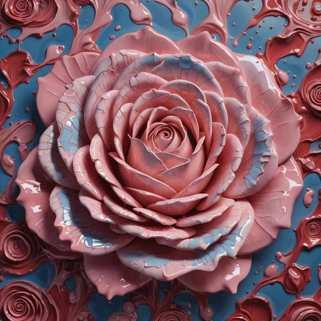 Luminous Pink Ceramic Rose in Splash Art Style