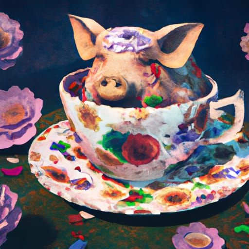 Teacup Piglet with Flowers: Fantasy Concept Art