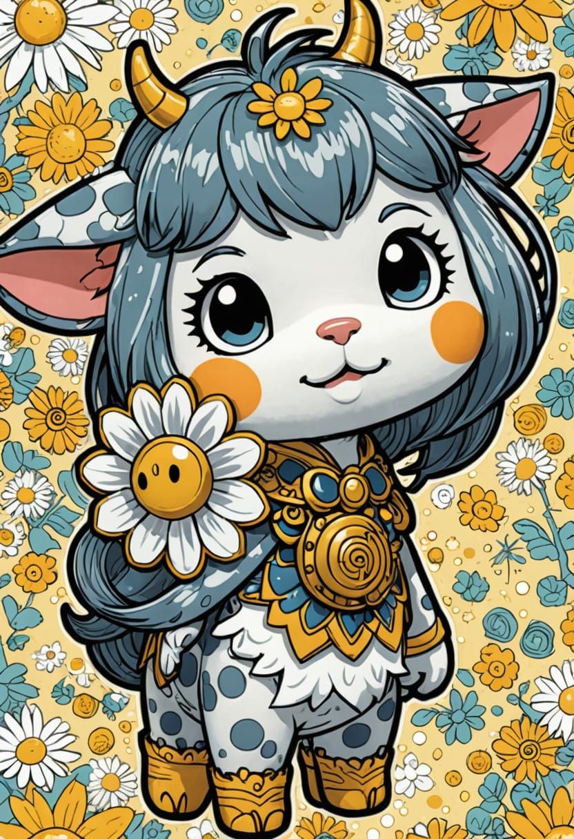 Whimsical Chibi Cow Toy with Golden Accents and Sunshine Dai...