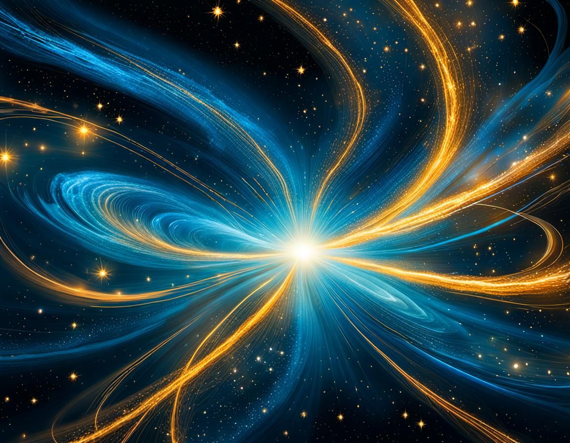 Quantum Photons streaming through cosmos, cosmic nebulae and Bioluminescent light trails :: vibrant blue and gold