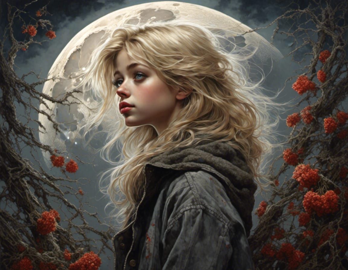 Ethereal Moonlit Meadow with Blond Woman