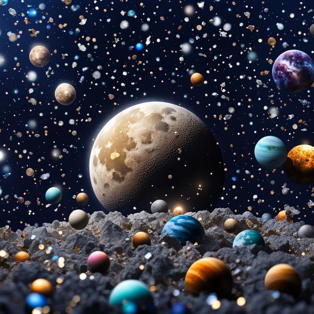Macro Photo: Mouse on Moon with Planets and Confetti