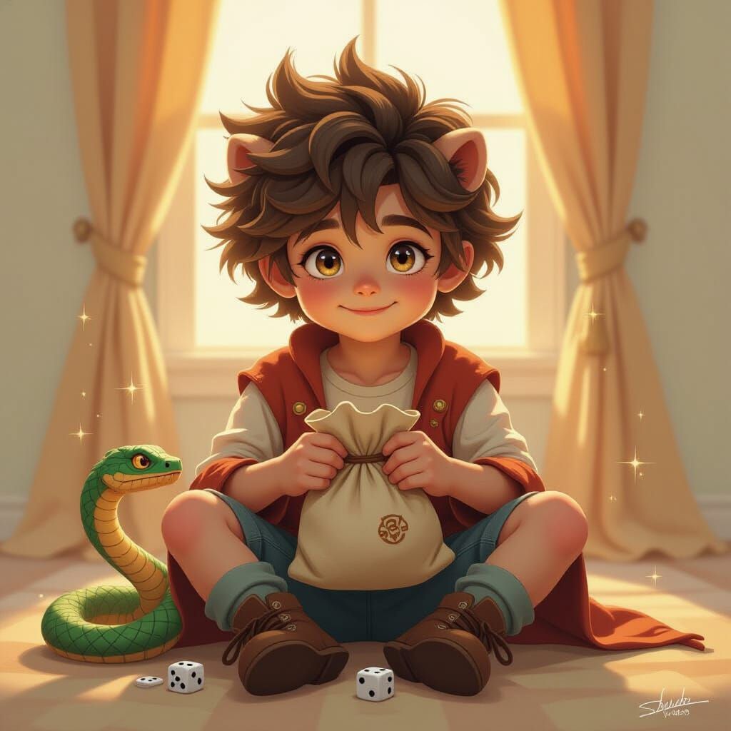Mischievous Boy with Serpent and Dice Bag