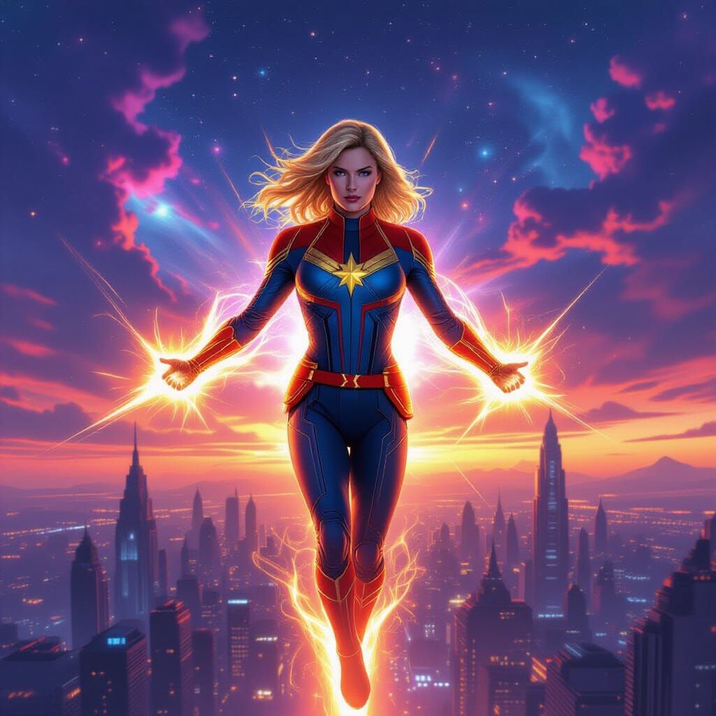 Captain Marvel Ascends in Cosmic Energy Over Futuristic City