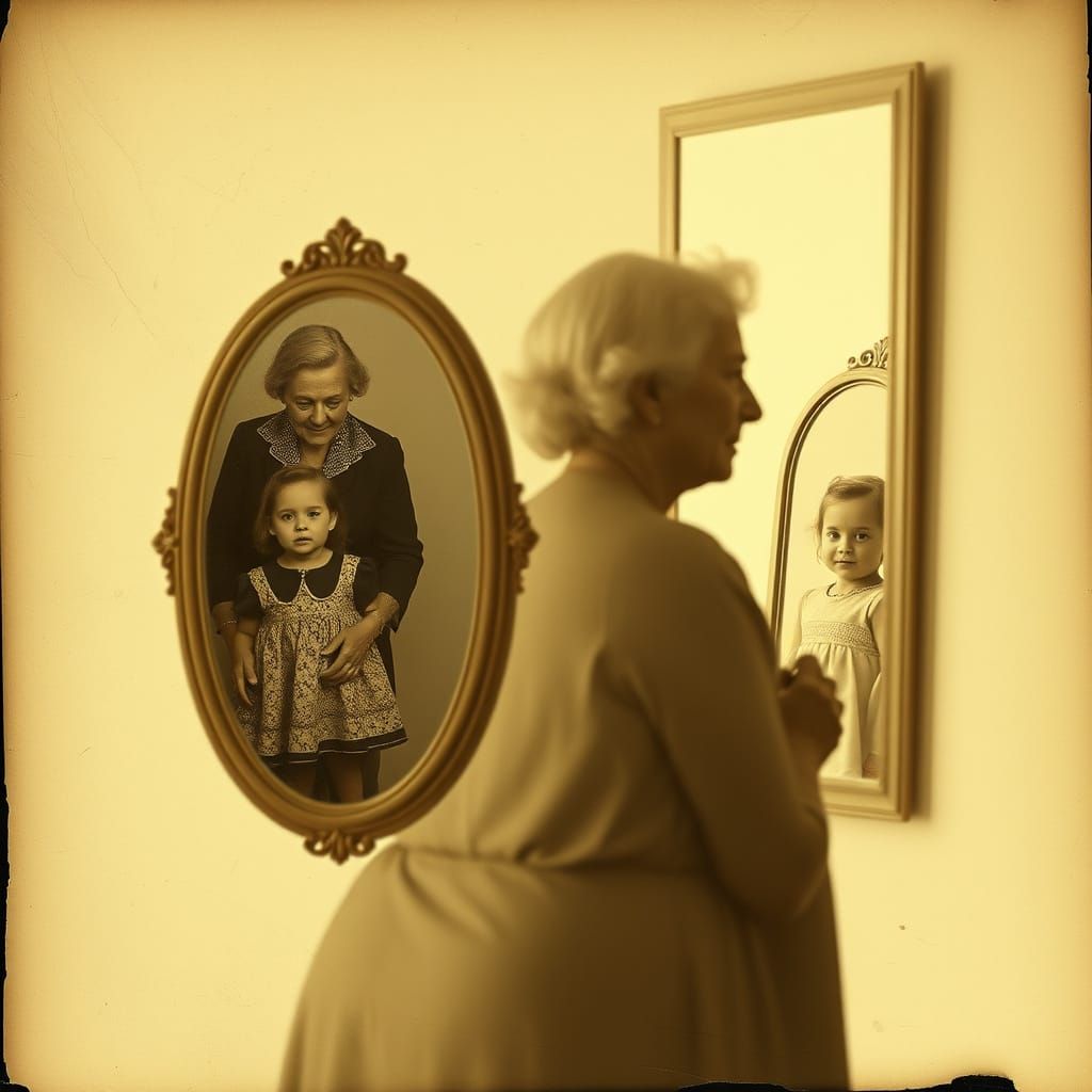 Double Exposure: Elderly Woman and Mirrored Reflections