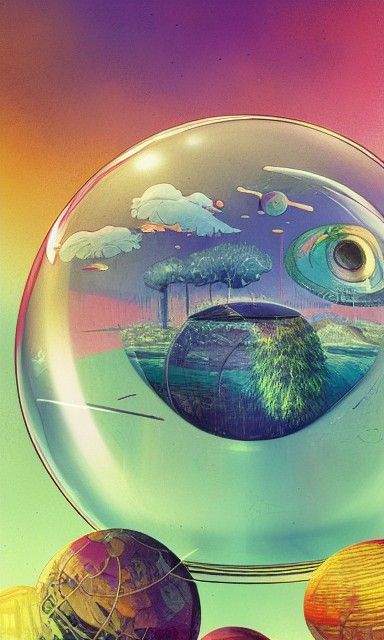 Alien World in Crystal Ball: Detailed Ink Illustration