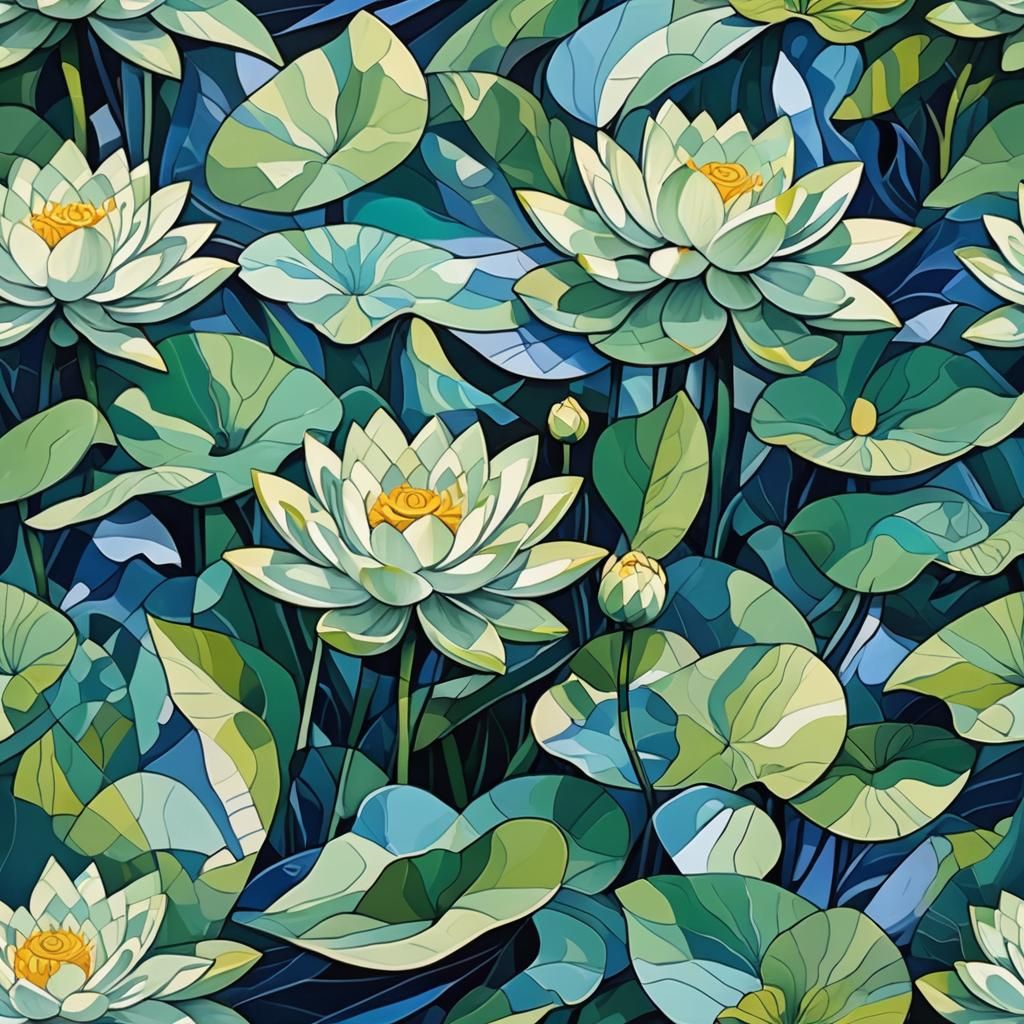 Geometric Fauvism: Waves and Lotus in Cubist Style