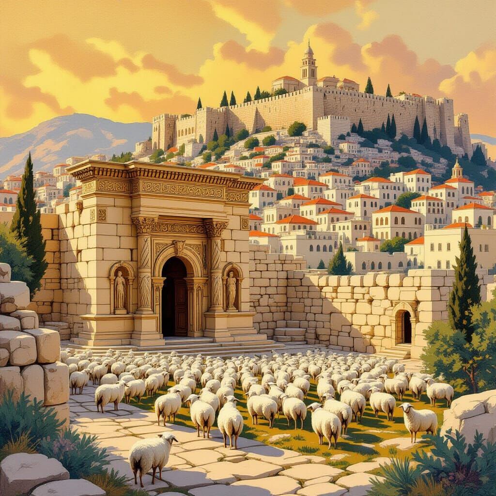 Ancient Jerusalem Temple with Sheep and Old City Views