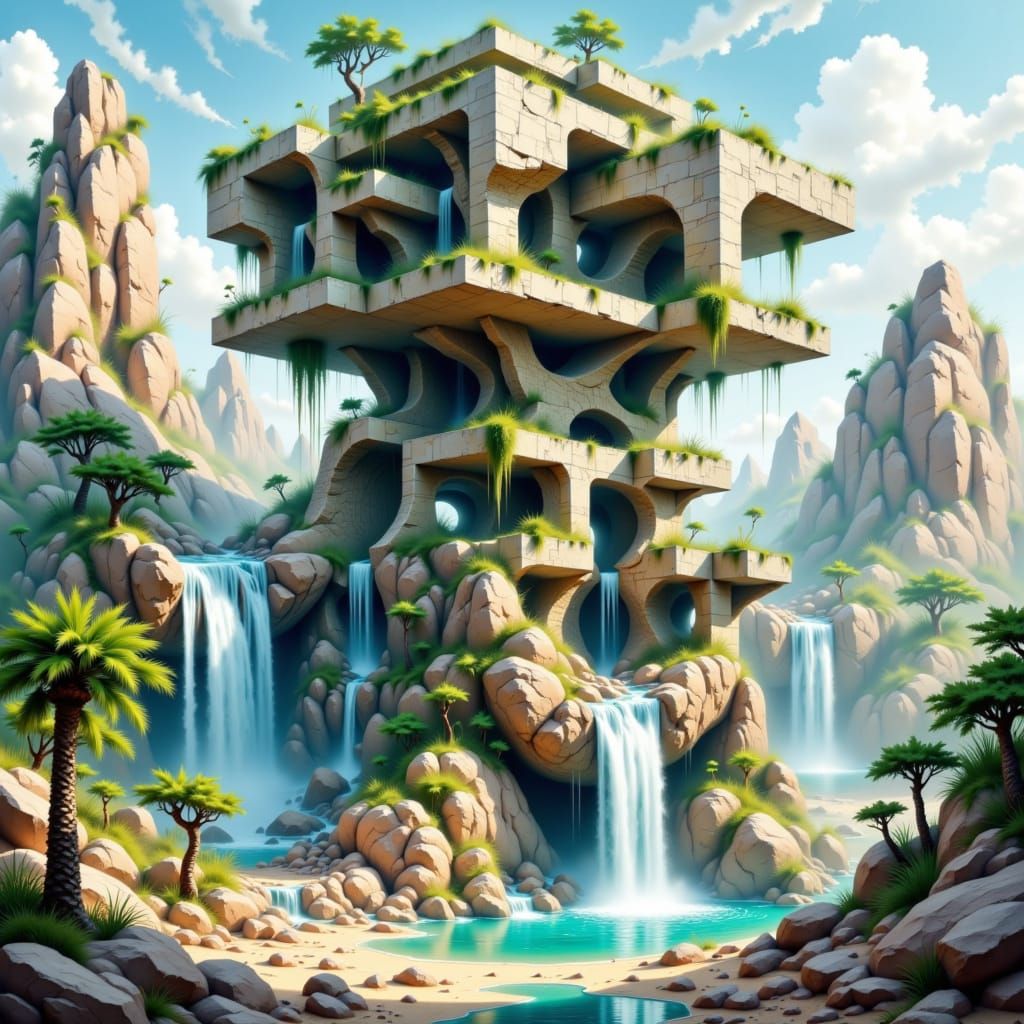 Desert Concrete Structure with Waterfalls