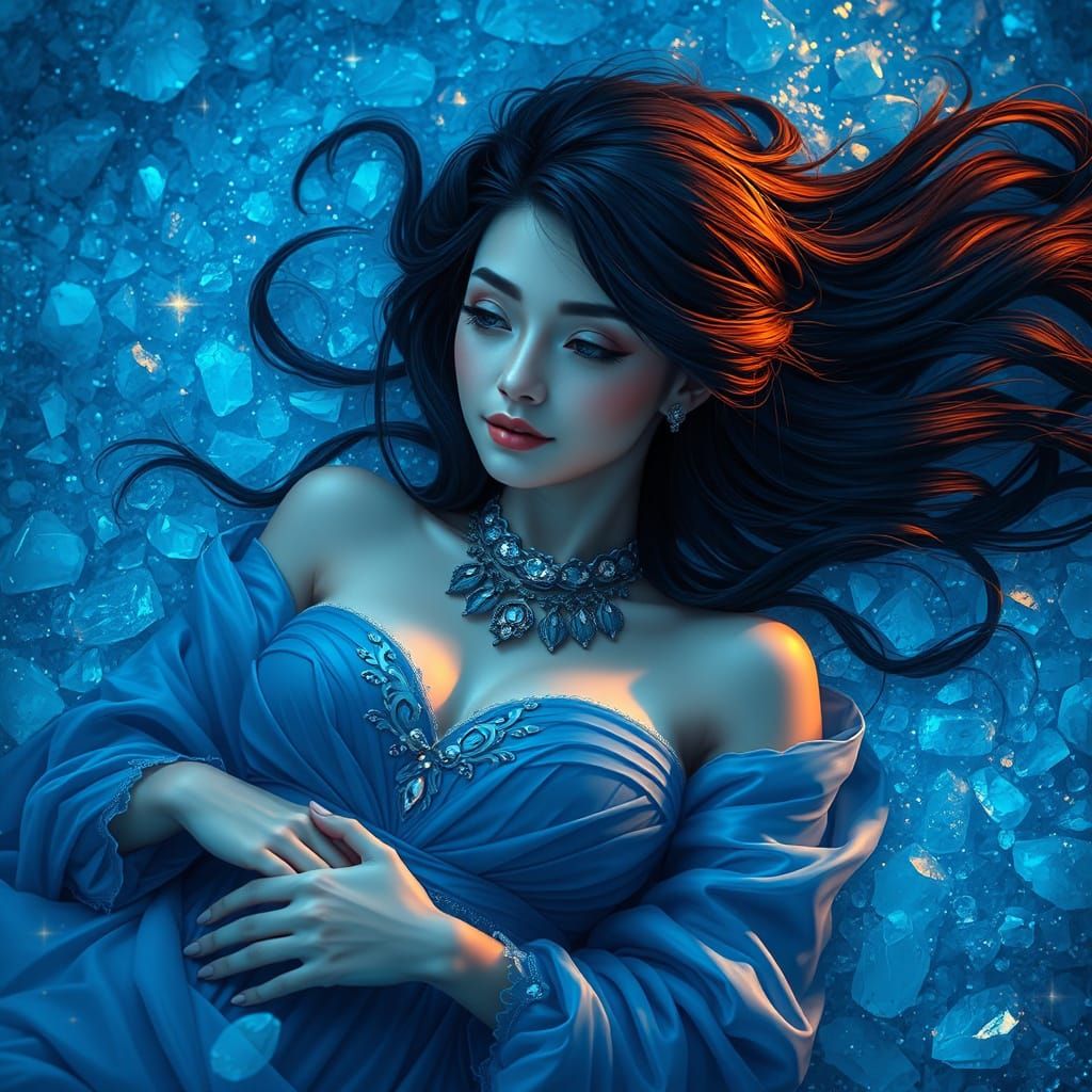 Ethereal Woman on Crystalline Bed, Digital Art