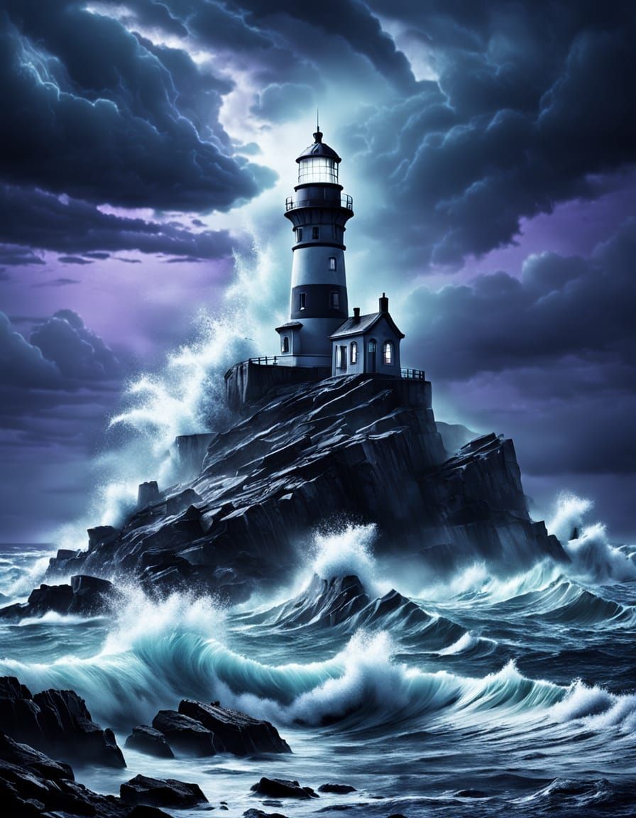 Lighthouse Illuminates Stormy Sea in Noir Expressionism