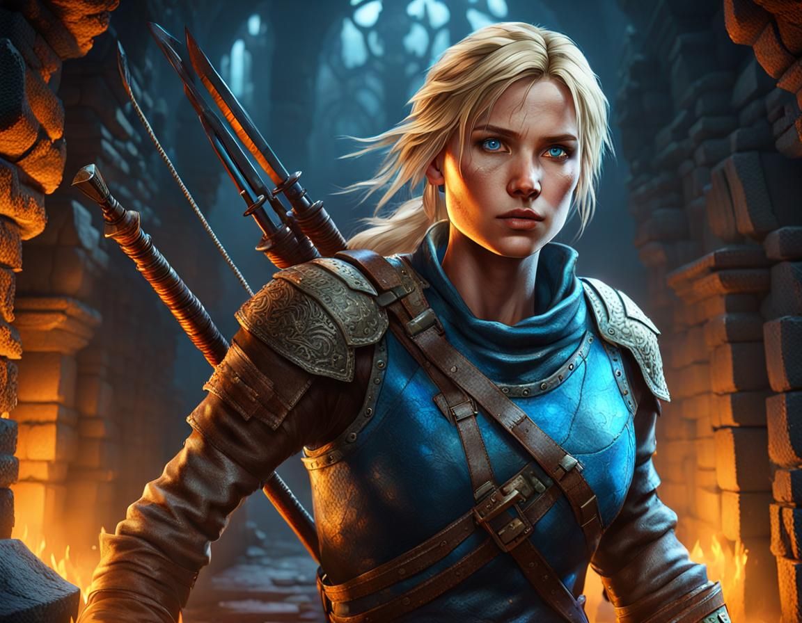 Medieval Lady Adventurer in Haunted Dungeon, Aerograph Style