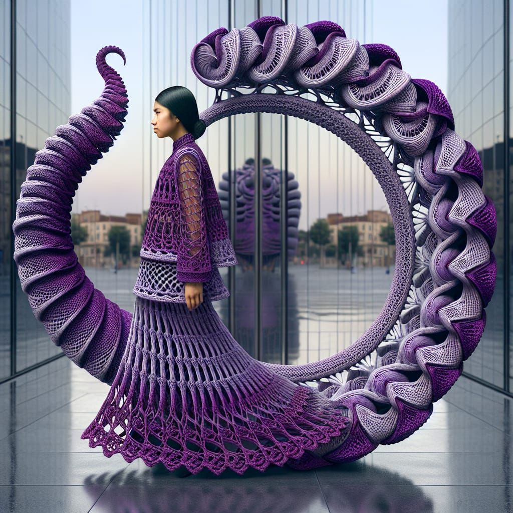 Very surreal scene. a well-proportioned girl wearing a very complex purple dress forming a continuous circle-shaped dres...