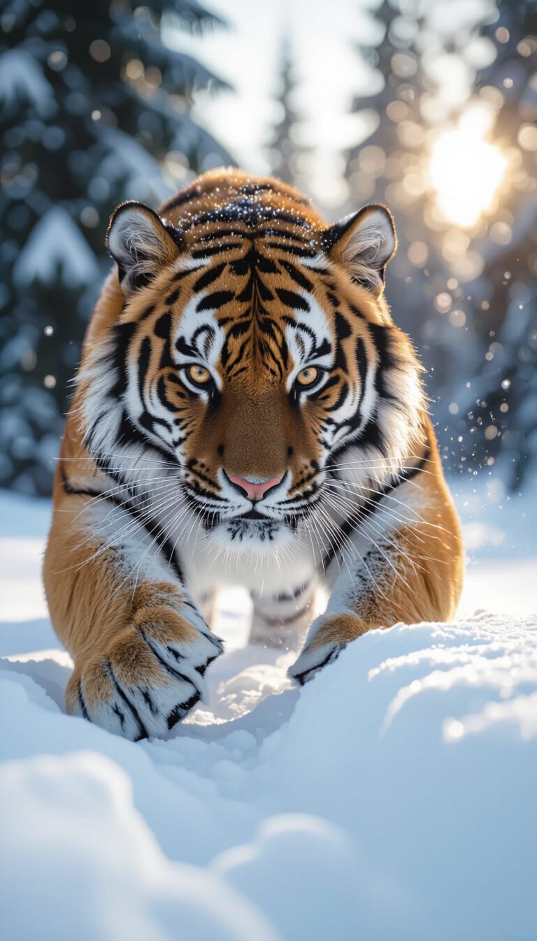 Tiger Paws Pressing Into Powdery Snow in Cinematic Style