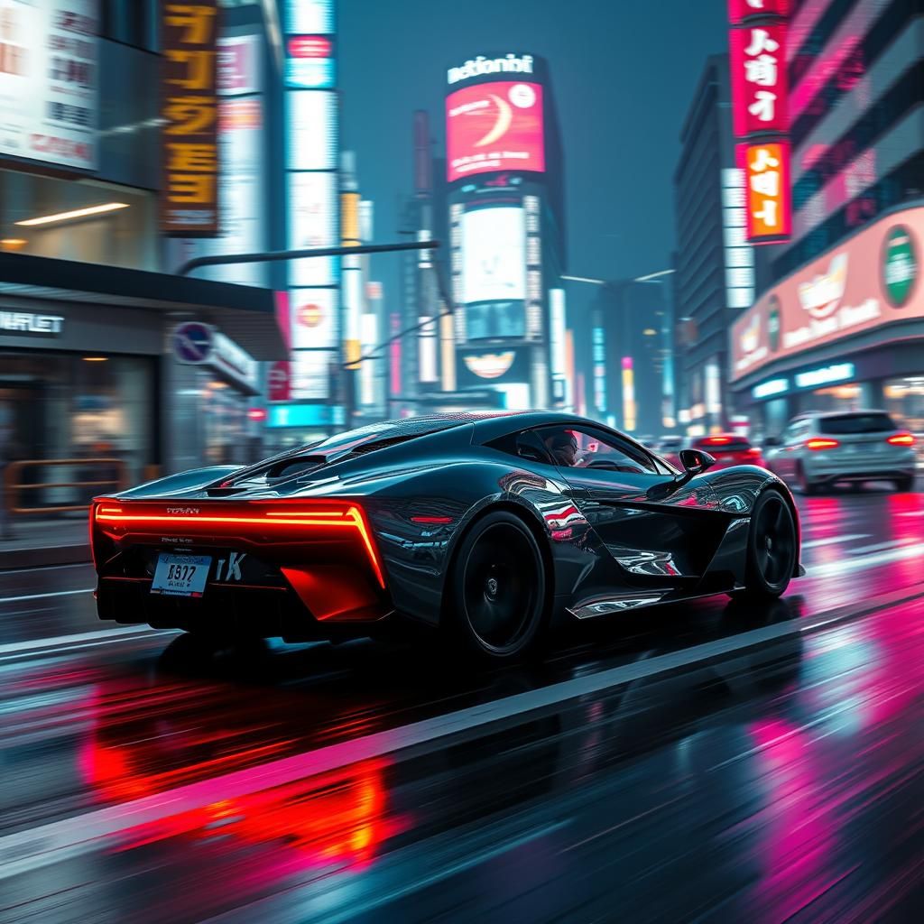 Futuristic Car Speeding Through Neon Seoul