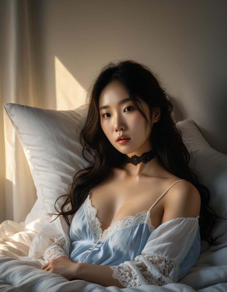 Chiaroscuro Oil Painting of Woman in Bed