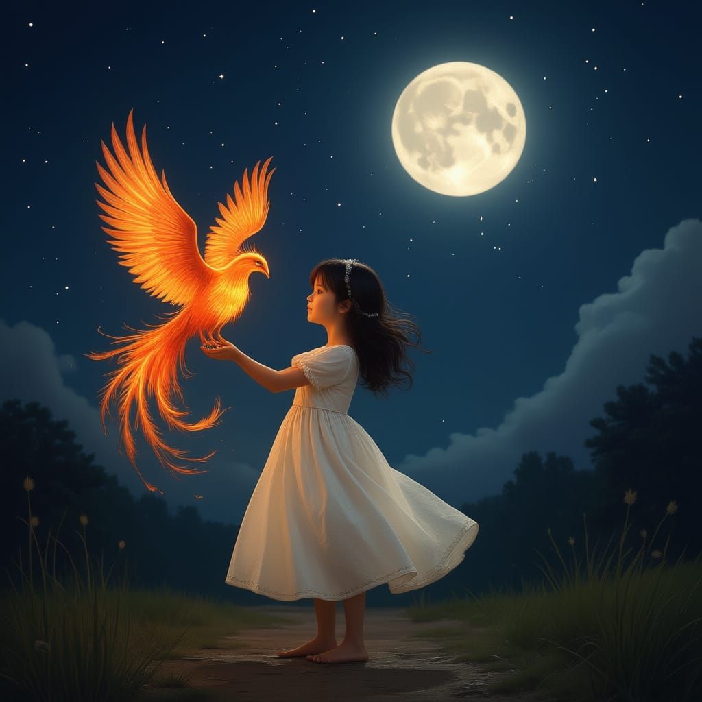 Girl Holding Glowing Phoenix at Night
