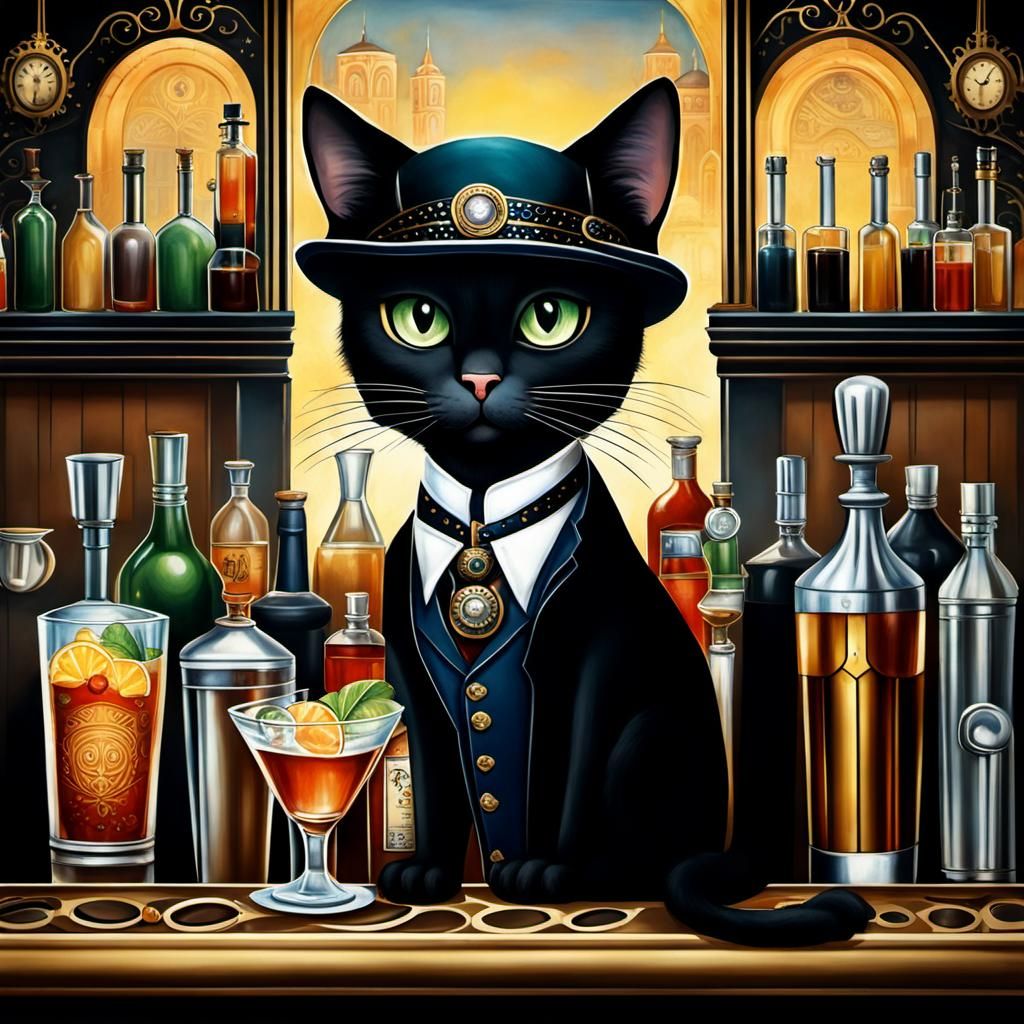 Black Cat Bartender in Art Deco Steampunk Style