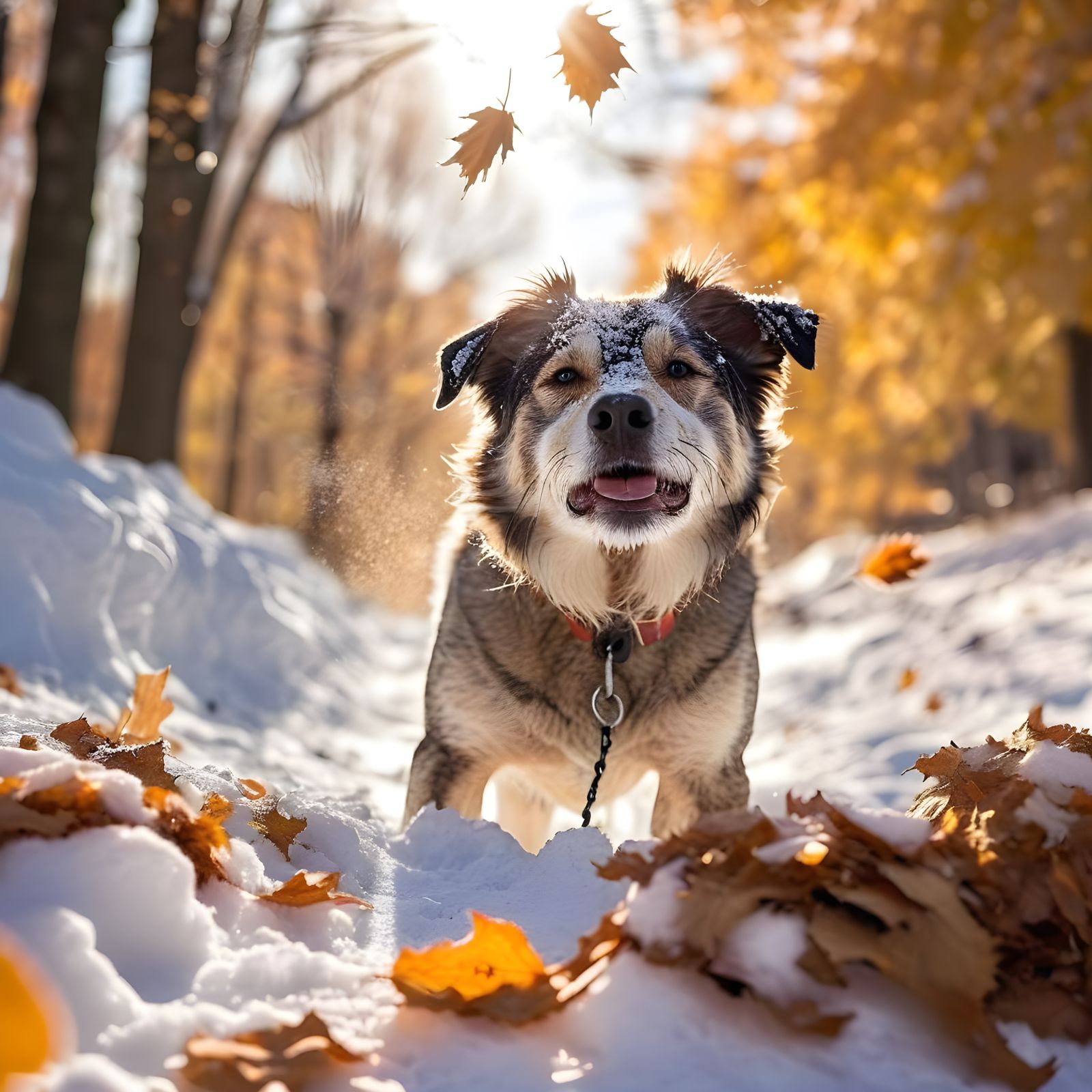Joyful Dog Playing in Snow with Falling Leaves