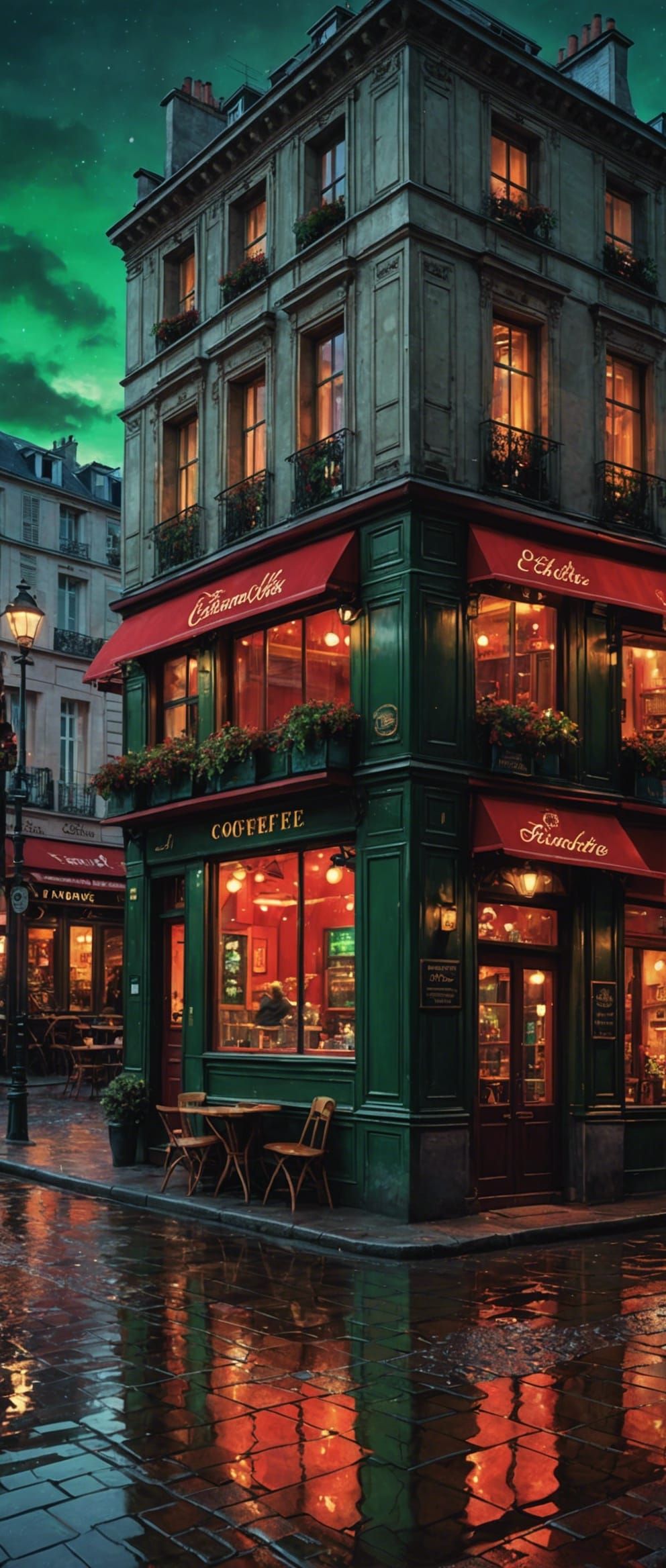 Night Cafe Scene in France as Gouache Painting