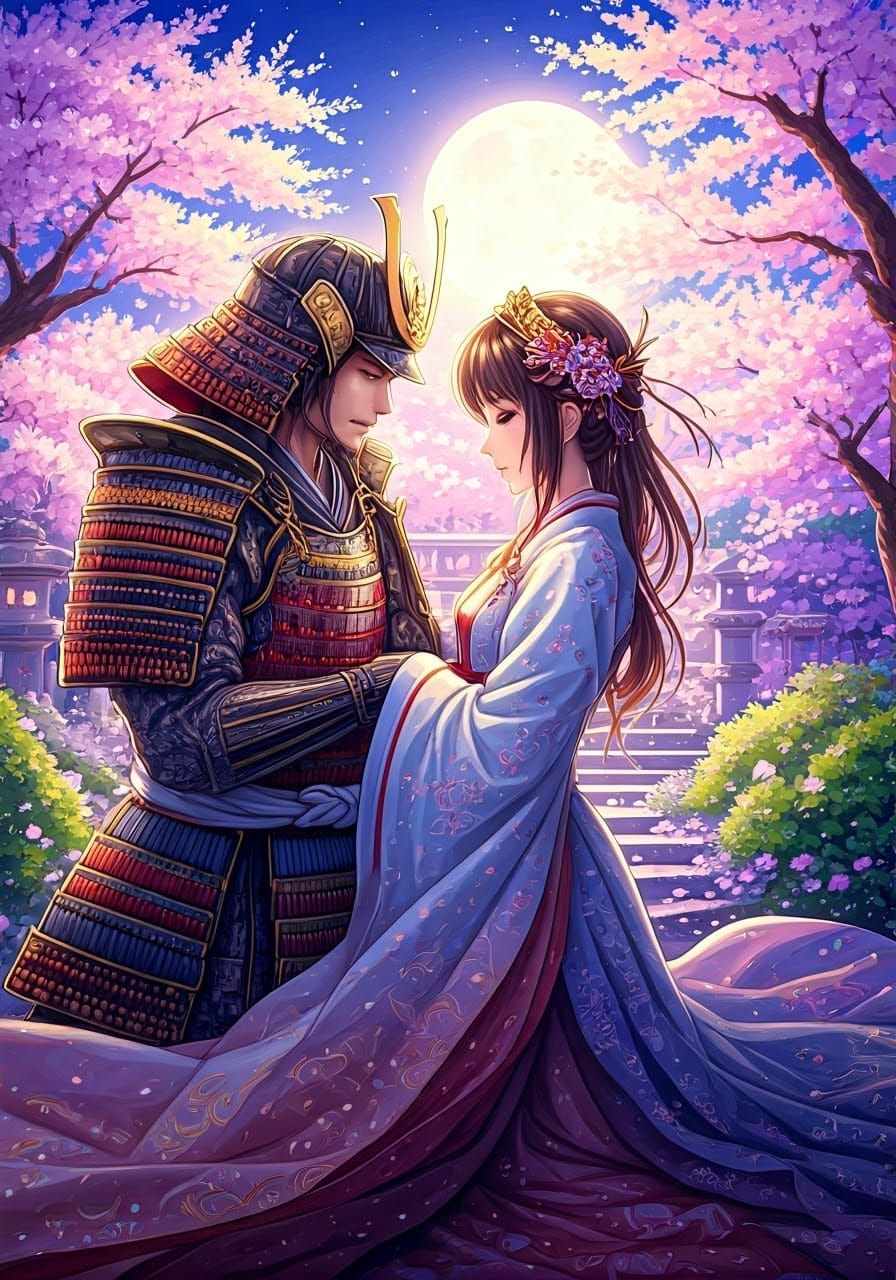 Samurai and Princess in Whimsical Japanese Garden