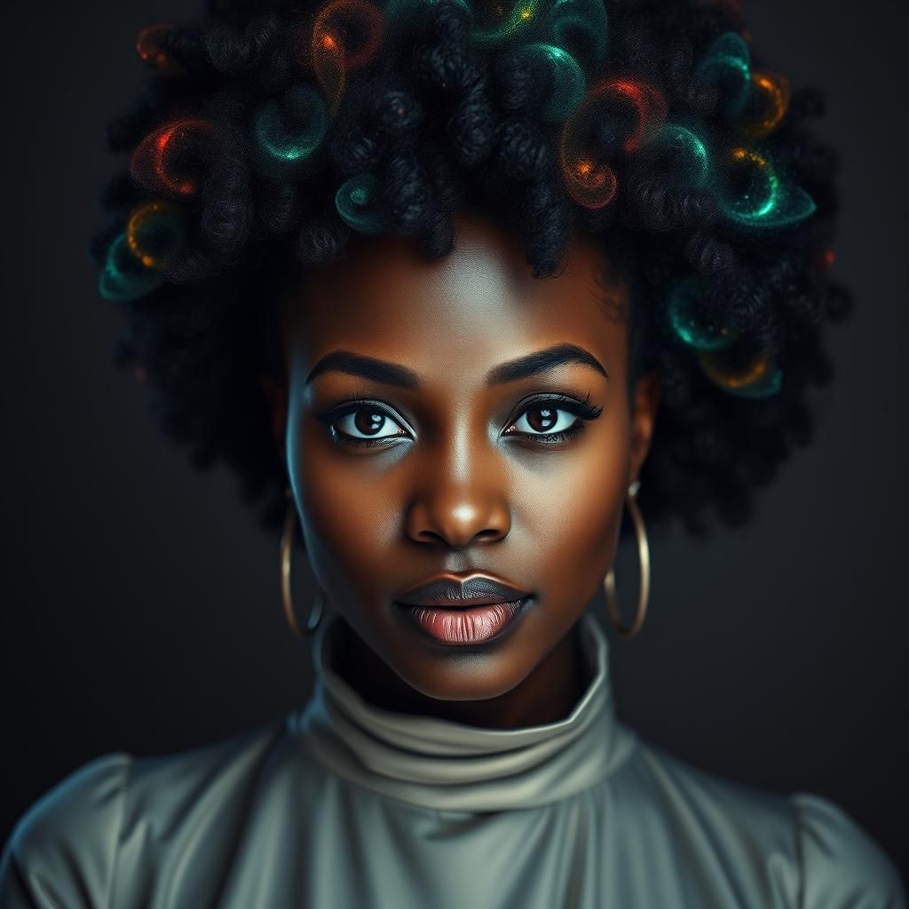 Bioluminescent Afro Portrait in High-End Photography Style