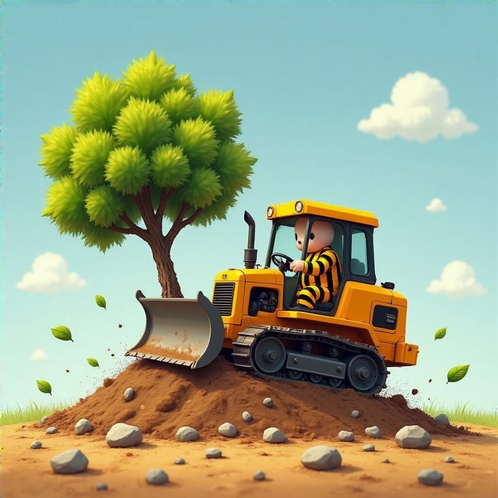 Vibrant Bulldozer Dismantles Whimsical Tree