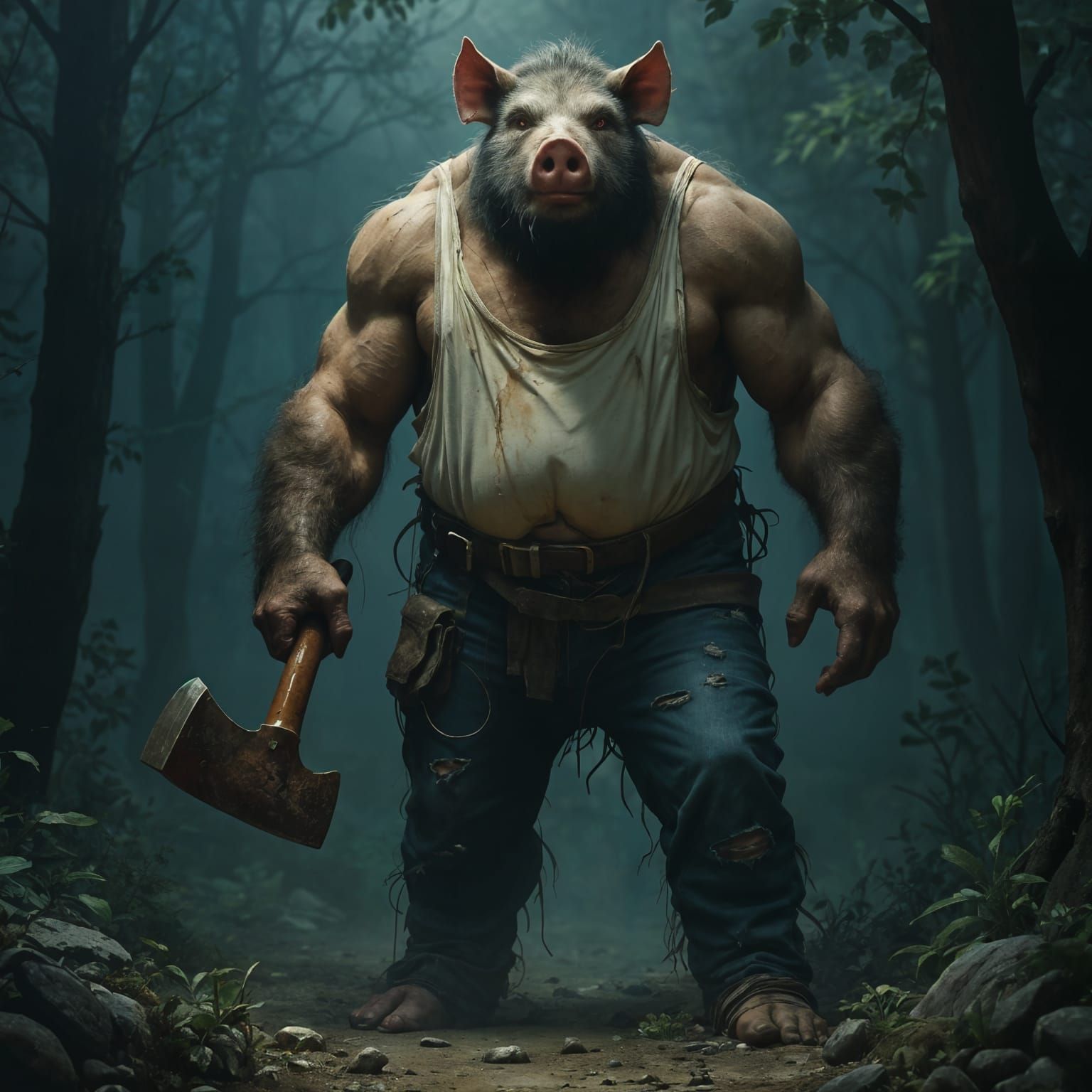 Rugged, Pig-Human Hunter in Distressed 35mm Film Style